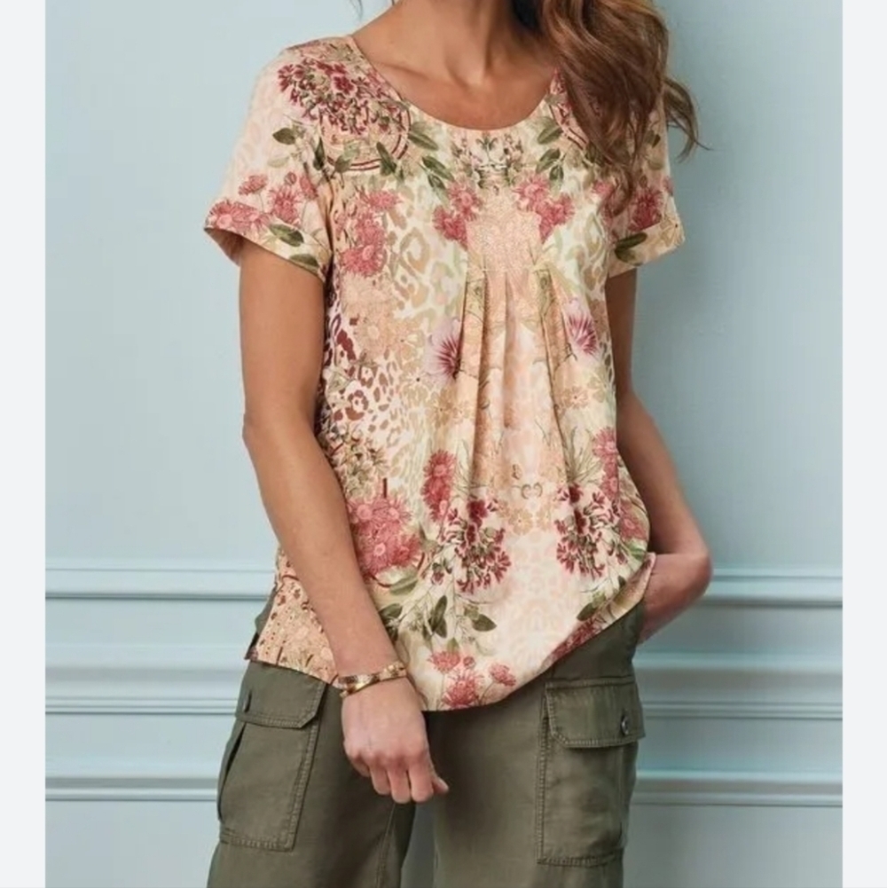 Soft Surroundings Oversized Floral Shirt with Light Pleating Detail, Size Small